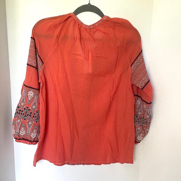 Joie Boho Top Womens Small V-Neck Sleeve Cotton Gauze Peasant Coral Lightweight - Picture 2 of 12